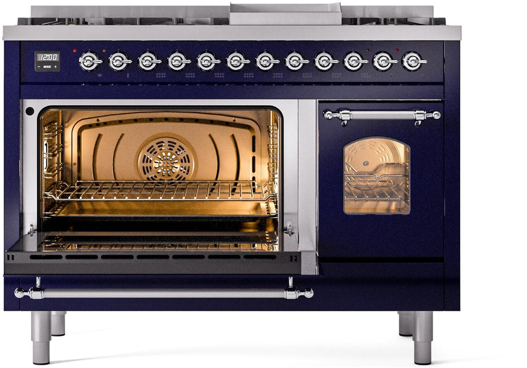 ILVE Nostalgie II 48-Inch Dual Fuel Freestanding Range in Midnight Blue with Chrome Trim (UP48FNMPMBC)