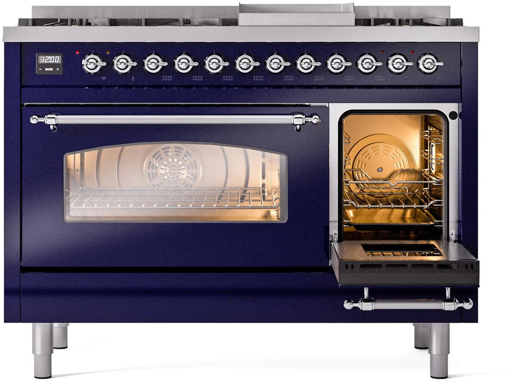 ILVE Nostalgie II 48-Inch Dual Fuel Freestanding Range in Midnight Blue with Chrome Trim (UP48FNMPMBC)