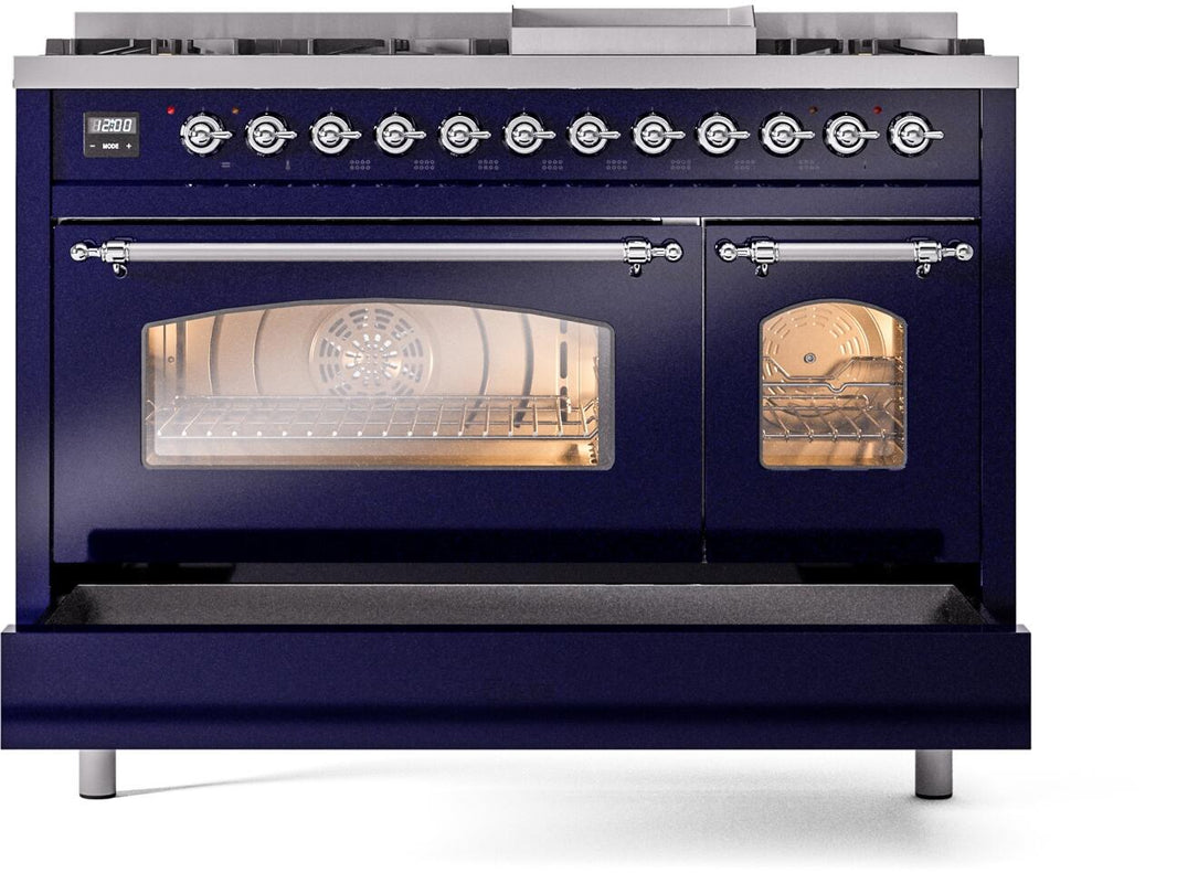 ILVE Nostalgie II 48-Inch Dual Fuel Freestanding Range in Midnight Blue with Chrome Trim (UP48FNMPMBC)