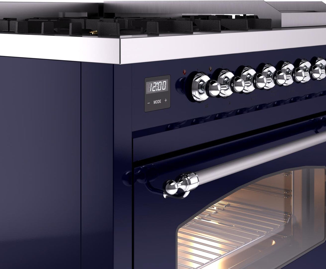 ILVE Nostalgie II 48-Inch Dual Fuel Freestanding Range in Midnight Blue with Chrome Trim (UP48FNMPMBC)