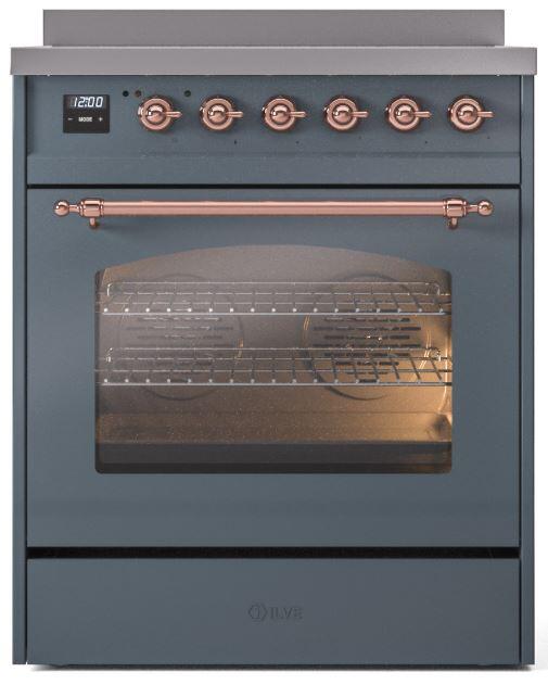 ILVE Nostalgie II 30-Inch Freestanding Electric Induction Range in Blue Grey with Copper Trim (UPI304NMPBGP)