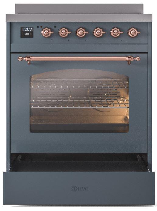 ILVE Nostalgie II 30-Inch Freestanding Electric Induction Range in Blue Grey with Copper Trim (UPI304NMPBGP)