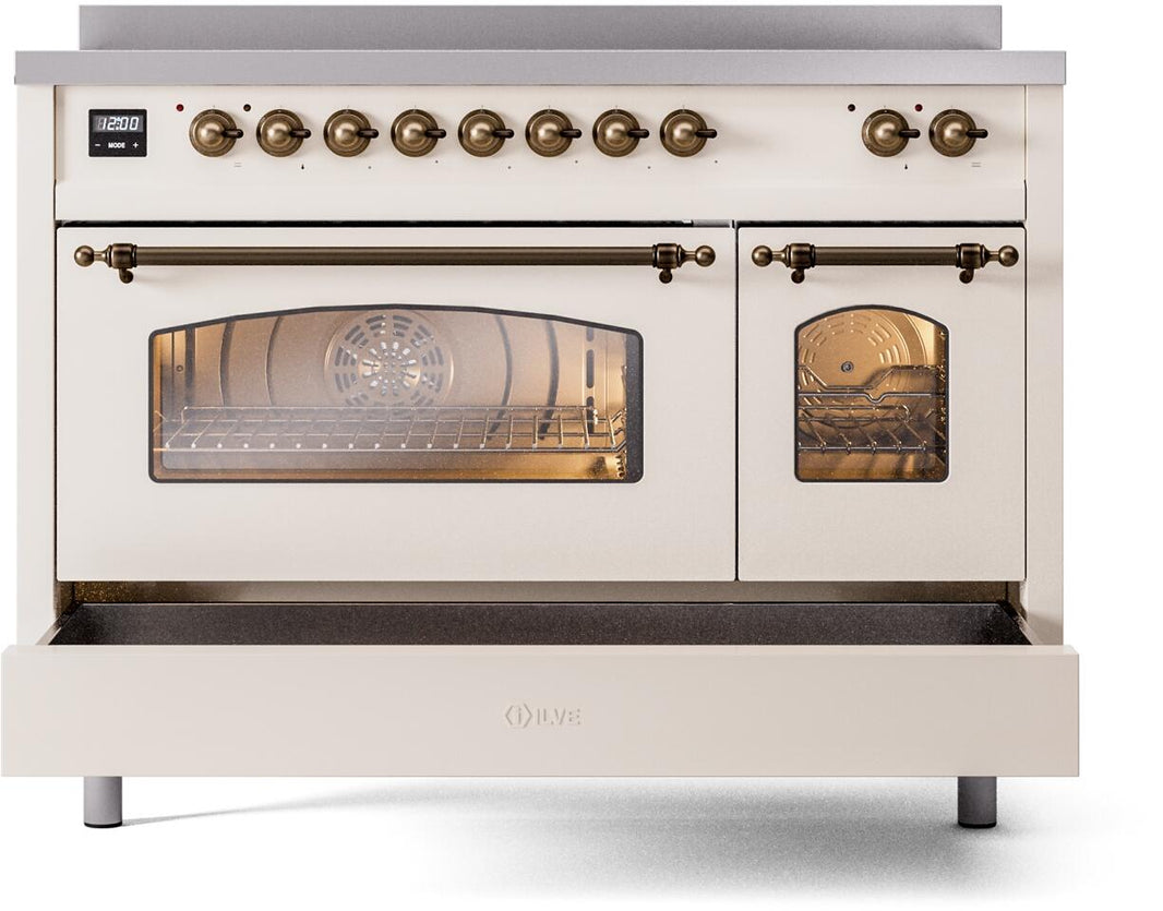 ILVE Nostalgie II 48-Inch Freestanding Electric Induction Range in Antique White with Bronze Trim (UPI486NMPAWB)