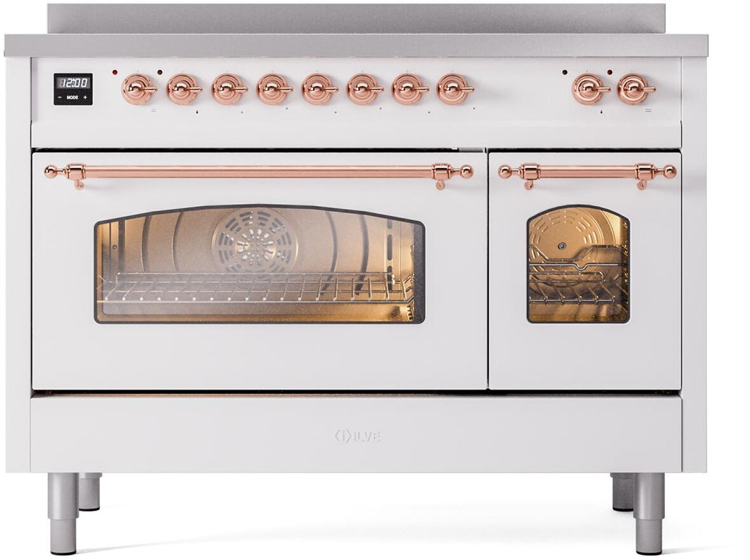 ILVE Nostalgie II 48-Inch Freestanding Electric Induction Range in White with Copper Trim (UPI486NMPWHP)