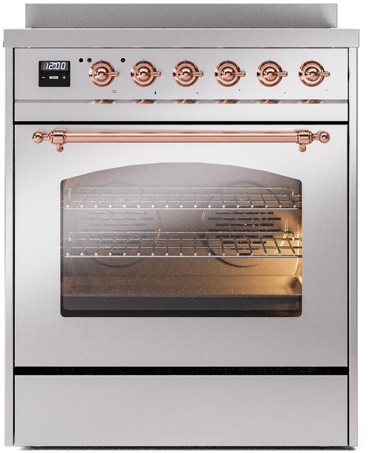 ILVE Nostalgie II 30-Inch Freestanding Electric Induction Range in Stainless Steel with Copper Trim (UPI304NMPSSP)