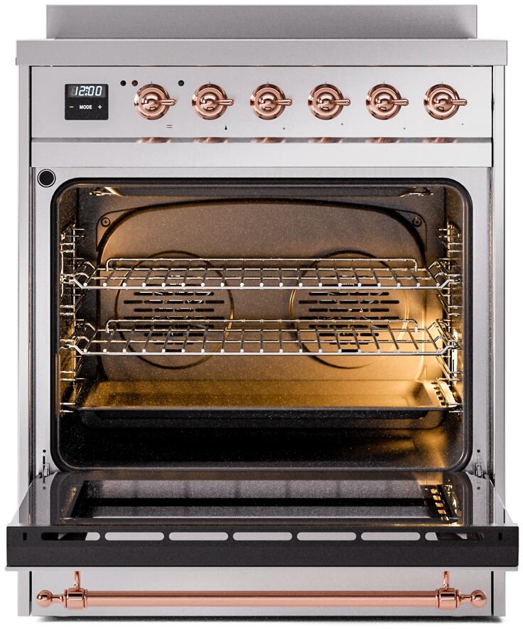 ILVE Nostalgie II 30-Inch Freestanding Electric Induction Range in Stainless Steel with Copper Trim (UPI304NMPSSP)