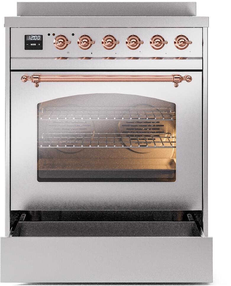 ILVE Nostalgie II 30-Inch Freestanding Electric Induction Range in Stainless Steel with Copper Trim (UPI304NMPSSP)