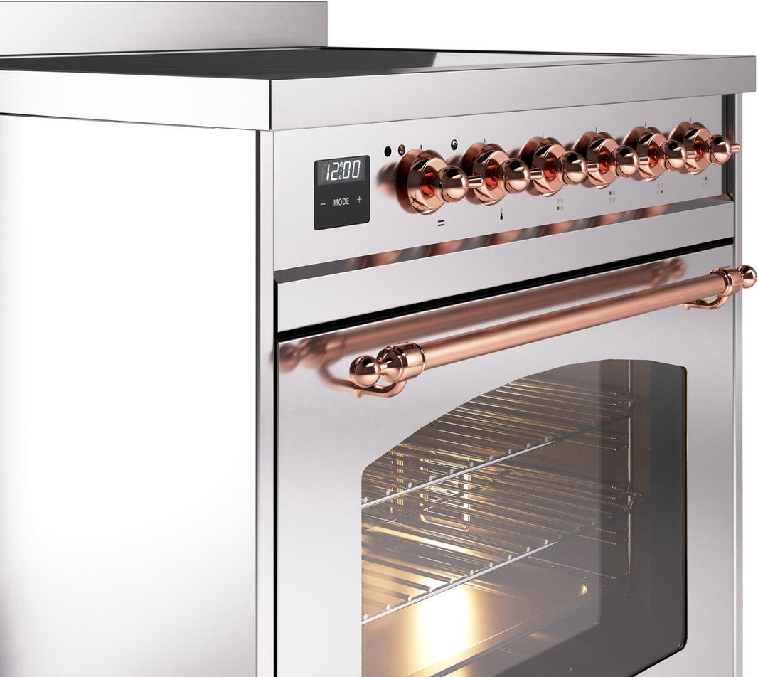 ILVE Nostalgie II 30-Inch Freestanding Electric Induction Range in Stainless Steel with Copper Trim (UPI304NMPSSP)