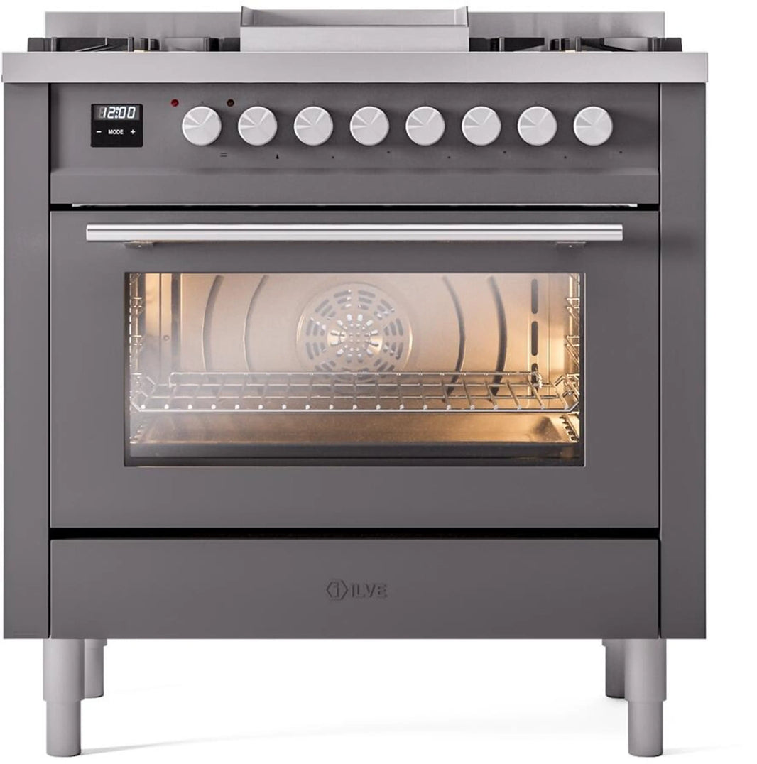 ILVE Professional Plus II 36-Inch Freestanding Dual Fuel Range with 6 Sealed Burner in Matte Graphite (UP36FWMPMG)