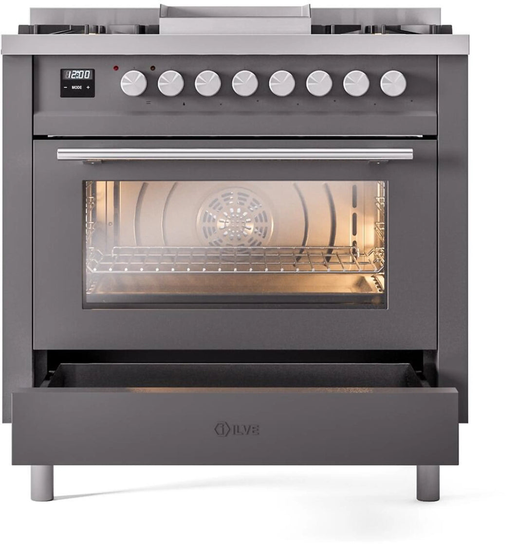 ILVE Professional Plus II 36-Inch Freestanding Dual Fuel Range with 6 Sealed Burner in Matte Graphite (UP36FWMPMG)