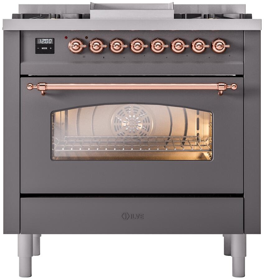 ILVE Nostalgie II 36-Inch Dual Fuel Freestanding Range in Matte Graphite with Copper Trim (UP36FNMPMGP)