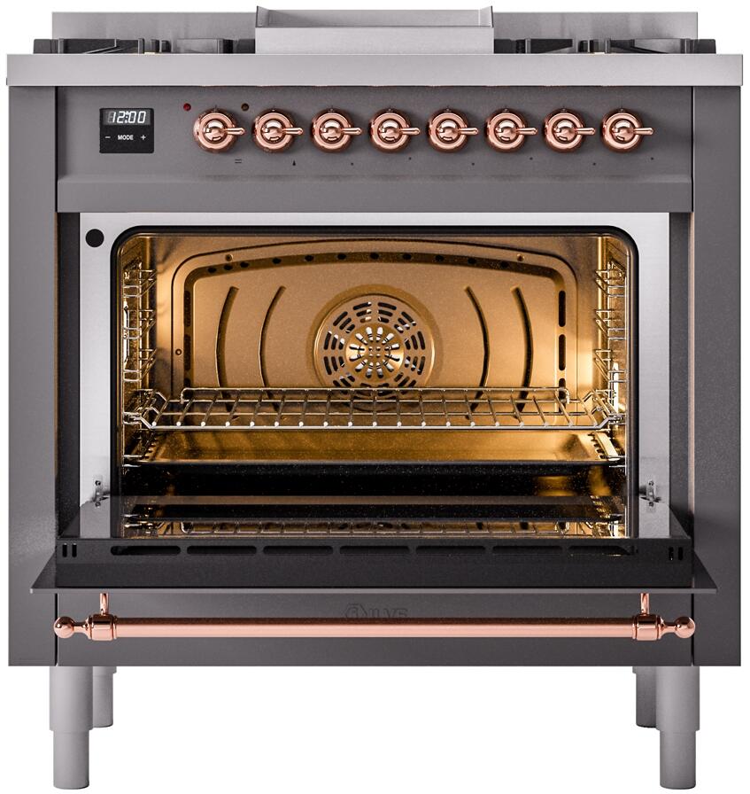 ILVE Nostalgie II 36-Inch Dual Fuel Freestanding Range in Matte Graphite with Copper Trim (UP36FNMPMGP)