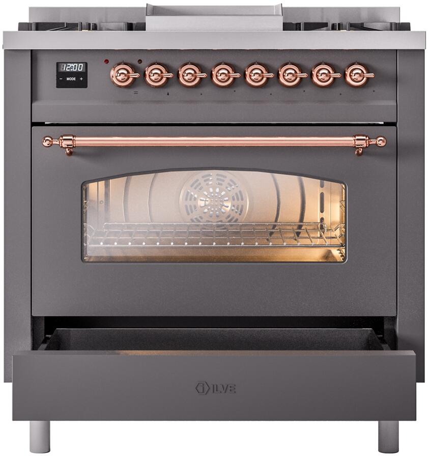 ILVE Nostalgie II 36-Inch Dual Fuel Freestanding Range in Matte Graphite with Copper Trim (UP36FNMPMGP)