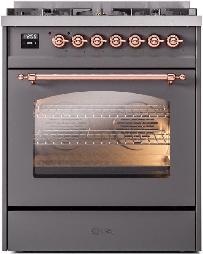 ILVE Nostalgie II 30-Inch Dual Fuel Freestanding Range in Matte Graphite with Copper Trim (UP30NMPMGP)