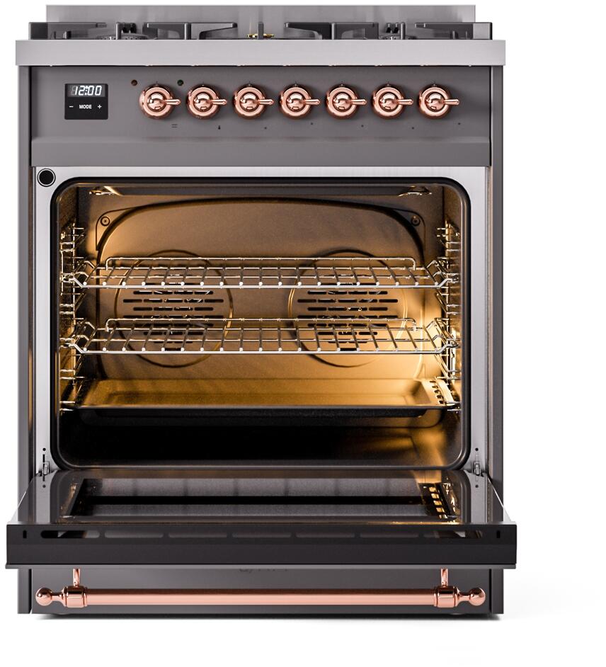 ILVE Nostalgie II 30-Inch Dual Fuel Freestanding Range in Matte Graphite with Copper Trim (UP30NMPMGP)