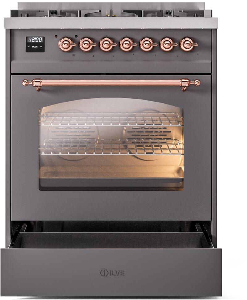 ILVE Nostalgie II 30-Inch Dual Fuel Freestanding Range in Matte Graphite with Copper Trim (UP30NMPMGP)