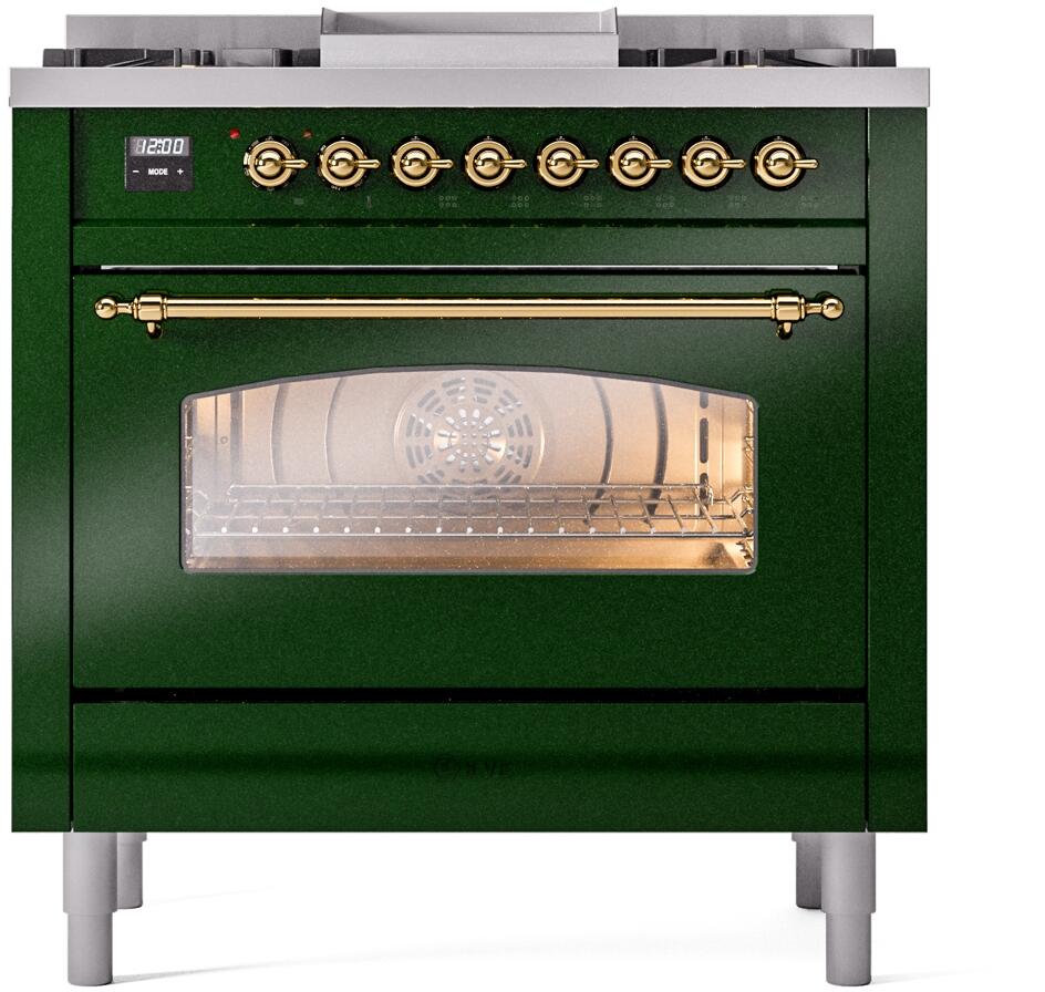 ILVE Nostalgie II 36-Inch Dual Fuel Freestanding Range in Emerald Green with Brass Trim (UP36FNMPEGG)