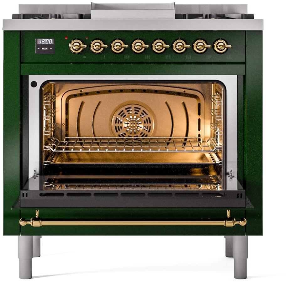 ILVE Nostalgie II 36-Inch Dual Fuel Freestanding Range in Emerald Green with Brass Trim (UP36FNMPEGG)