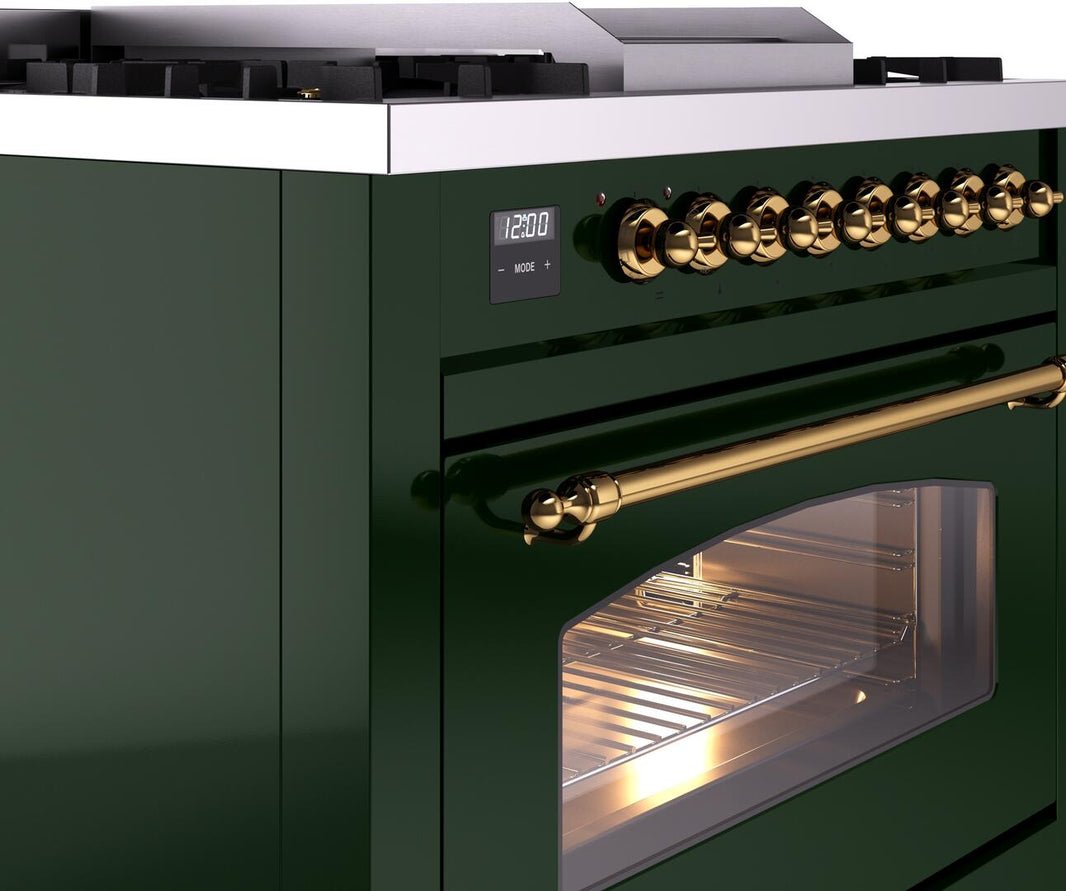 ILVE Nostalgie II 36-Inch Dual Fuel Freestanding Range in Emerald Green with Brass Trim (UP36FNMPEGG)