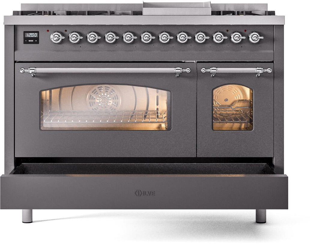 ILVE Nostalgie II 48-Inch Dual Fuel Freestanding Range in Matte Graphite with Chrome Trim (UP48FNMPMGC)