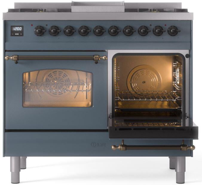 ILVE Nostalgie II 40-Inch Dual Fuel Freestanding Range in Blue Grey with Bronze Trim (UPD40FNMPBGB)