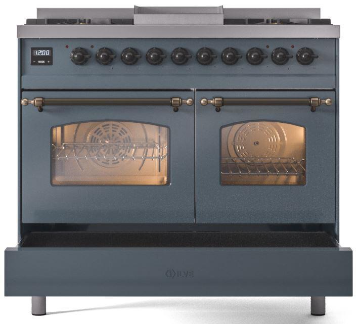 ILVE Nostalgie II 40-Inch Dual Fuel Freestanding Range in Blue Grey with Bronze Trim (UPD40FNMPBGB)