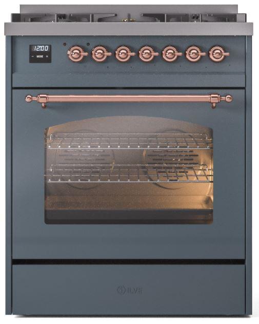 ILVE Nostalgie II 30-Inch Dual Fuel Freestanding Range in Blue Grey with Copper Trim (UP30NMPBGP)