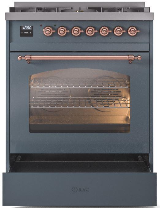 ILVE Nostalgie II 30-Inch Dual Fuel Freestanding Range in Blue Grey with Copper Trim (UP30NMPBGP)