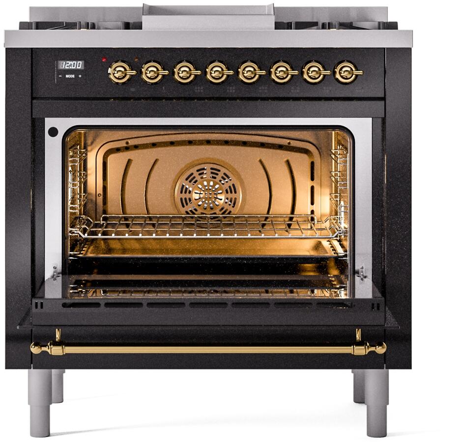 ILVE Nostalgie II 36-Inch Dual Fuel Freestanding Range in Glossy Black with Brass Trim (UP36FNMPBKG)