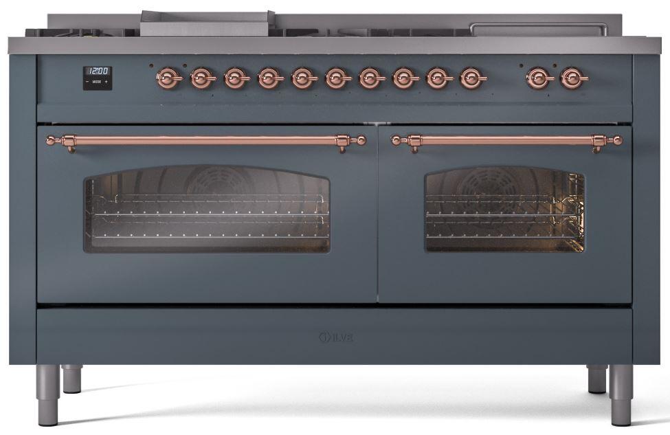 ILVE Nostalgie II 60-Inch Dual Fuel Freestanding Range in Blue Grey with Copper Trim (UP60FSNMPBGP)