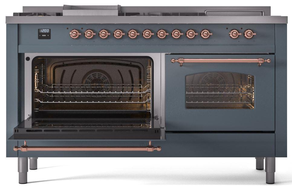 ILVE Nostalgie II 60-Inch Dual Fuel Freestanding Range in Blue Grey with Copper Trim (UP60FSNMPBGP)