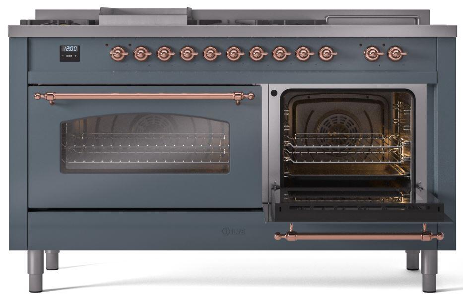 ILVE Nostalgie II 60-Inch Dual Fuel Freestanding Range in Blue Grey with Copper Trim (UP60FSNMPBGP)