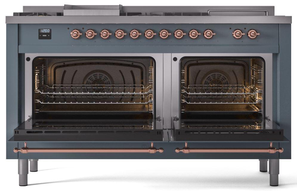 ILVE Nostalgie II 60-Inch Dual Fuel Freestanding Range in Blue Grey with Copper Trim (UP60FSNMPBGP)