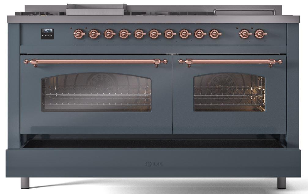 ILVE Nostalgie II 60-Inch Dual Fuel Freestanding Range in Blue Grey with Copper Trim (UP60FSNMPBGP)