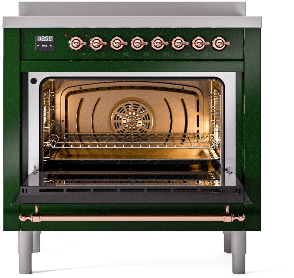 ILVE Nostalgie II 36-Inch Freestanding Electric Induction Range in Emerald Green with Copper Trim (UPI366NMPEGP)