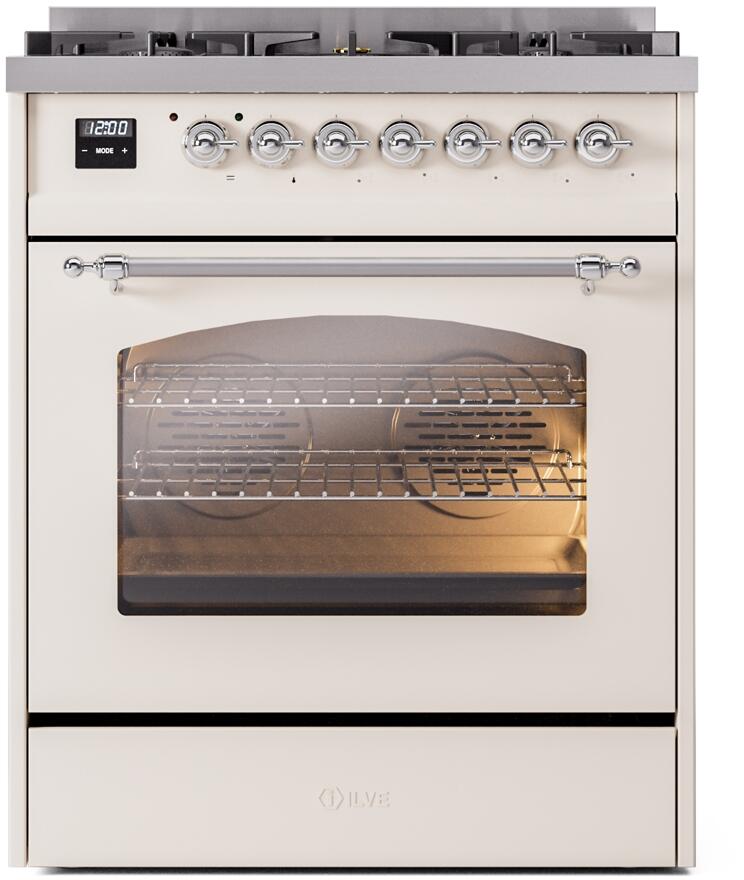 ILVE Nostalgie II 30-Inch Dual Fuel Freestanding Range in Antique White with Chrome Trim (UP30NMPAWC)