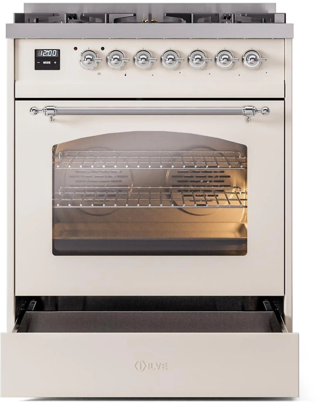 ILVE Nostalgie II 30-Inch Dual Fuel Freestanding Range in Antique White with Chrome Trim (UP30NMPAWC)