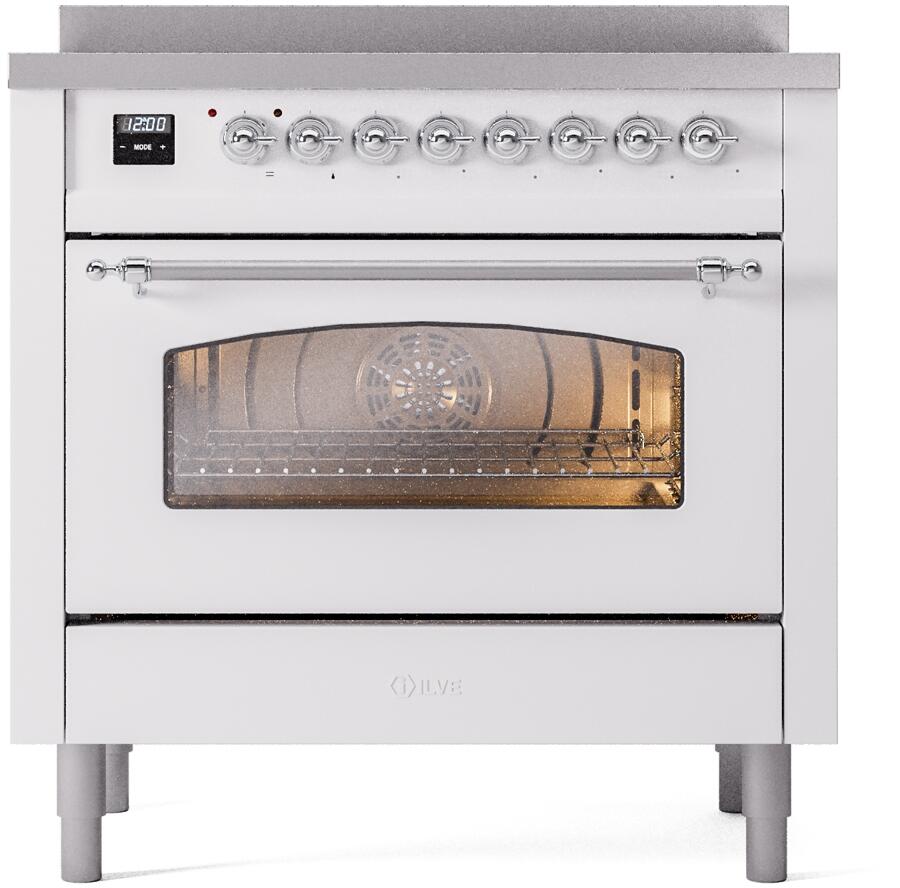 ILVE Nostalgie II 36-Inch Freestanding Electric Induction Range in White with Chrome Trim (UPI366NMPWHC)