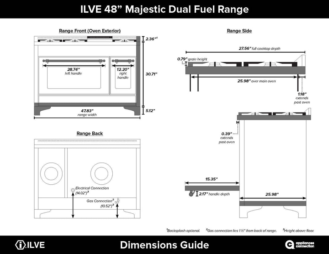 ILVE 48-Inch Majestic II Dual Fuel Range with 8 Burners and Griddle - 5.02 cu. ft. Oven - Brass Trim in Midnight Blue (UM12FDNS3MBG)