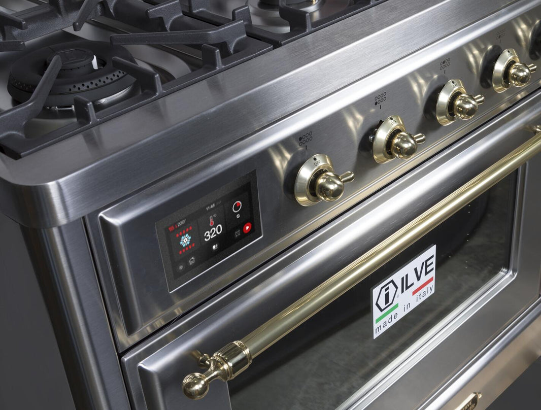 ILVE 48-Inch Majestic II Dual Fuel Range with 8 Burners and Griddle - 5.02 cu. ft. Oven - Brass Trim in Stainless Steel (UM12FDNS3SSG)