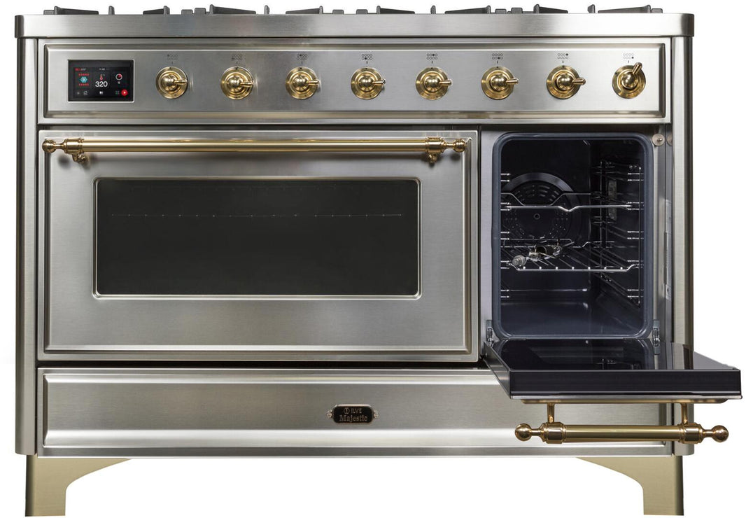 ILVE 48-Inch Majestic II Dual Fuel Range with 8 Burners and Griddle - 5.02 cu. ft. Oven - Brass Trim in Stainless Steel (UM12FDNS3SSG)