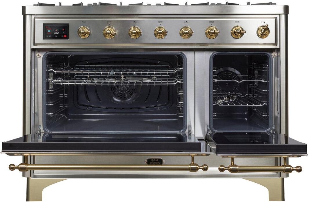 ILVE 48-Inch Majestic II Dual Fuel Range with 8 Burners and Griddle - 5.02 cu. ft. Oven - Brass Trim in Stainless Steel (UM12FDNS3SSG)