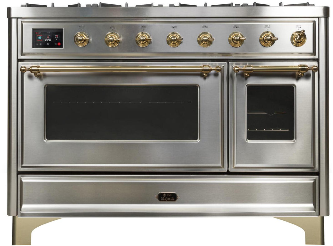 ILVE 48-Inch Majestic II Dual Fuel Range with 8 Burners and Griddle - 5.02 cu. ft. Oven - Brass Trim in Stainless Steel (UM12FDNS3SSG)