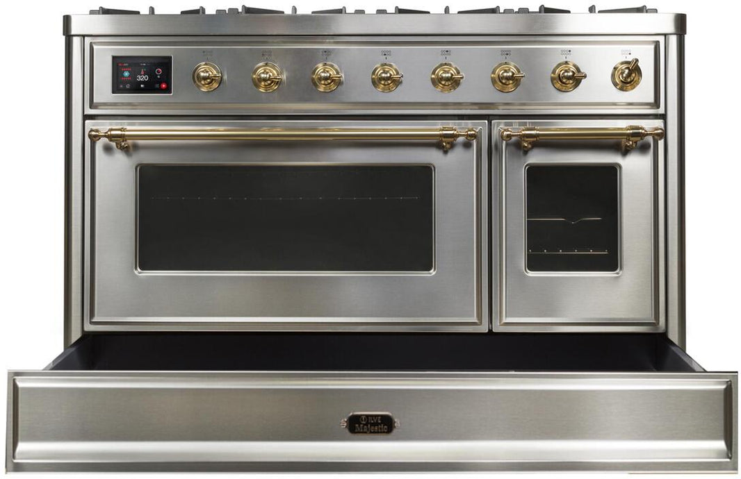 ILVE 48-Inch Majestic II Dual Fuel Range with 8 Burners and Griddle - 5.02 cu. ft. Oven - Brass Trim in Stainless Steel (UM12FDNS3SSG)