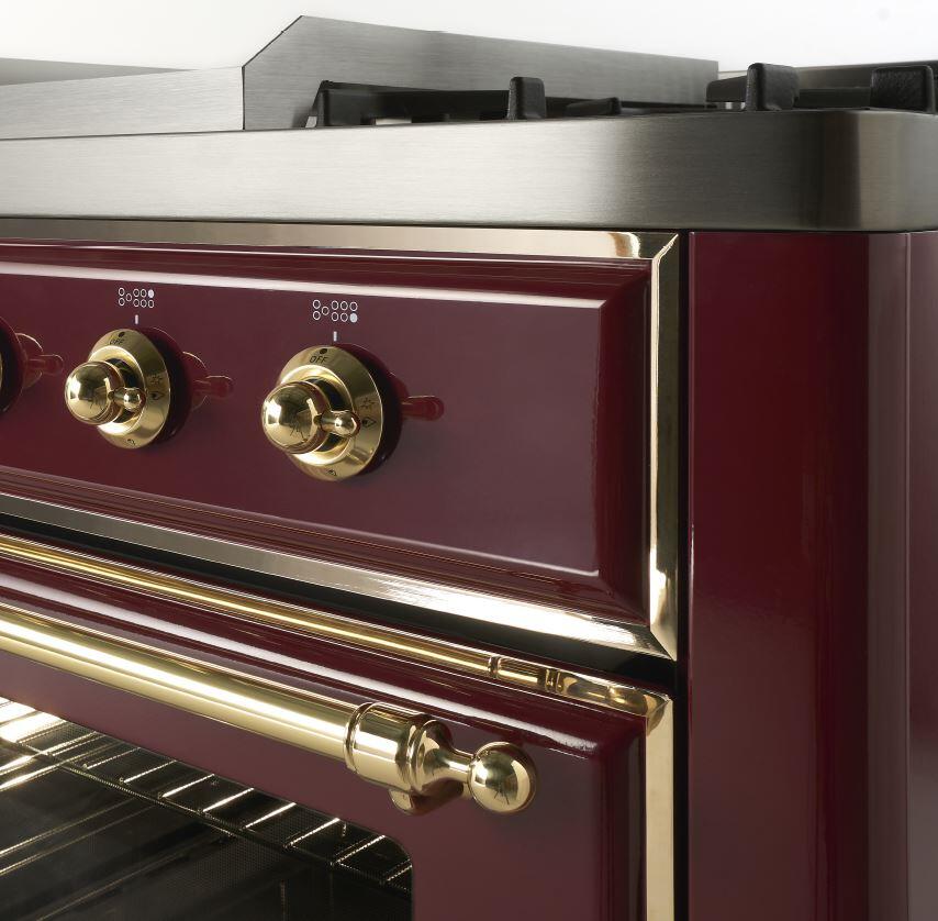 ILVE 48-Inch Majestic II Dual Fuel Range with 8 Burners and Griddle - 5.02 cu. ft. Oven - Brass Trim in Stainless Steel (UM12FDNS3SSG)