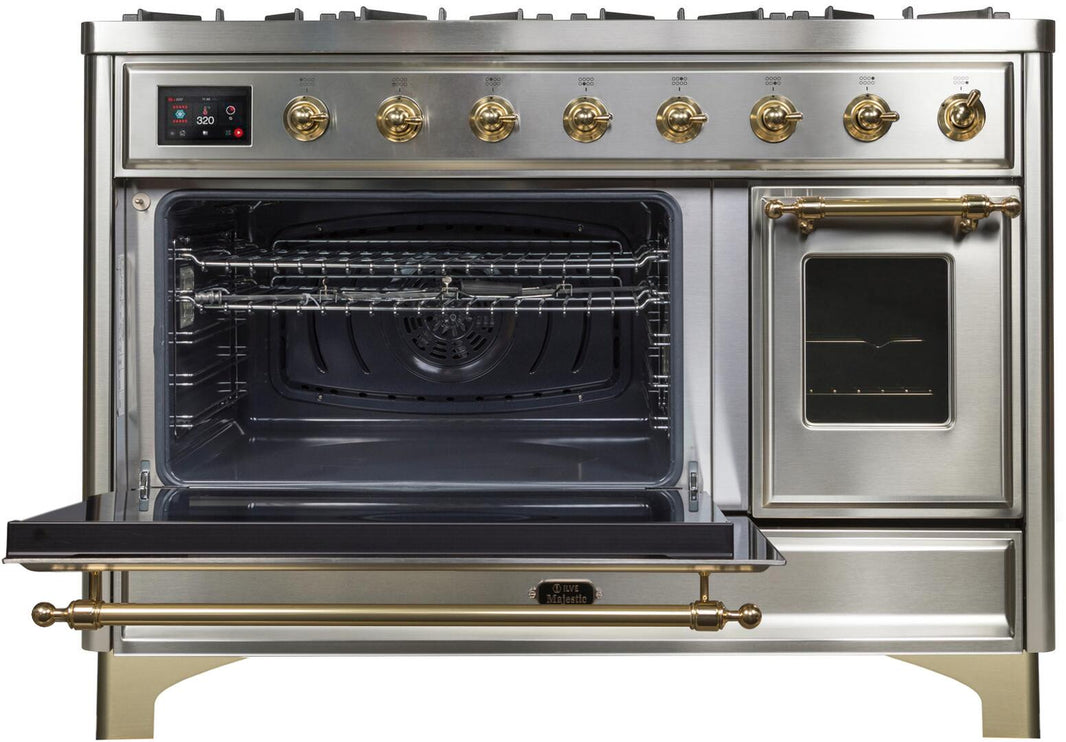 ILVE 48-Inch Majestic II Dual Fuel Range with 8 Burners and Griddle - 5.02 cu. ft. Oven - Brass Trim in Stainless Steel (UM12FDNS3SSG)