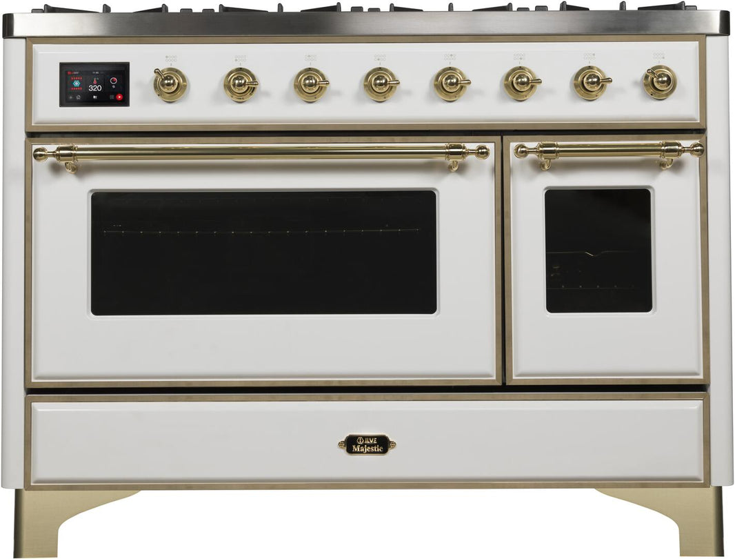 ILVE 48-Inch Majestic II Dual Fuel Range with 8 Burners and Griddle - 5.02 cu. ft. Oven - Brass Trim in White (UM12FDNS3WHG)