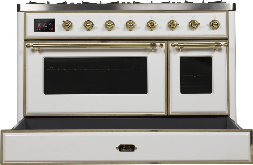 ILVE 48-Inch Majestic II Dual Fuel Range with 8 Burners and Griddle - 5.02 cu. ft. Oven - Brass Trim in White (UM12FDNS3WHG)