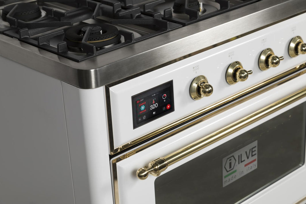 ILVE 48-Inch Majestic II Dual Fuel Range with 8 Burners and Griddle - 5.02 cu. ft. Oven - Brass Trim in White (UM12FDNS3WHG)