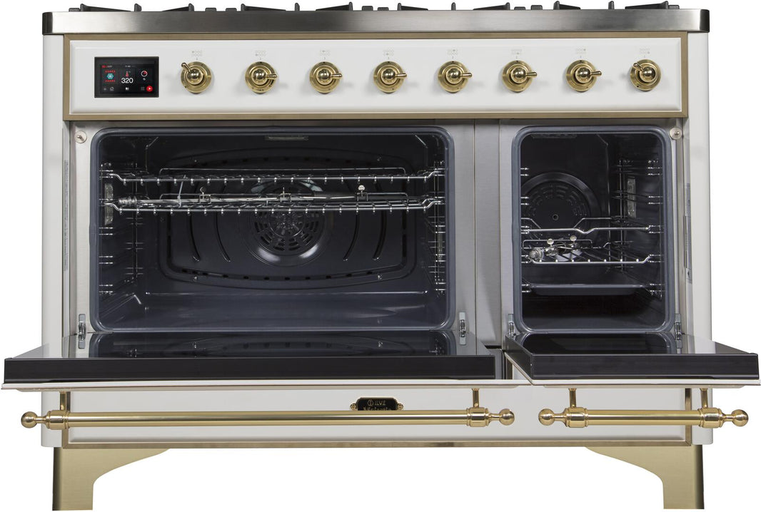 ILVE 48-Inch Majestic II Dual Fuel Range with 8 Burners and Griddle - 5.02 cu. ft. Oven - Brass Trim in White (UM12FDNS3WHG)